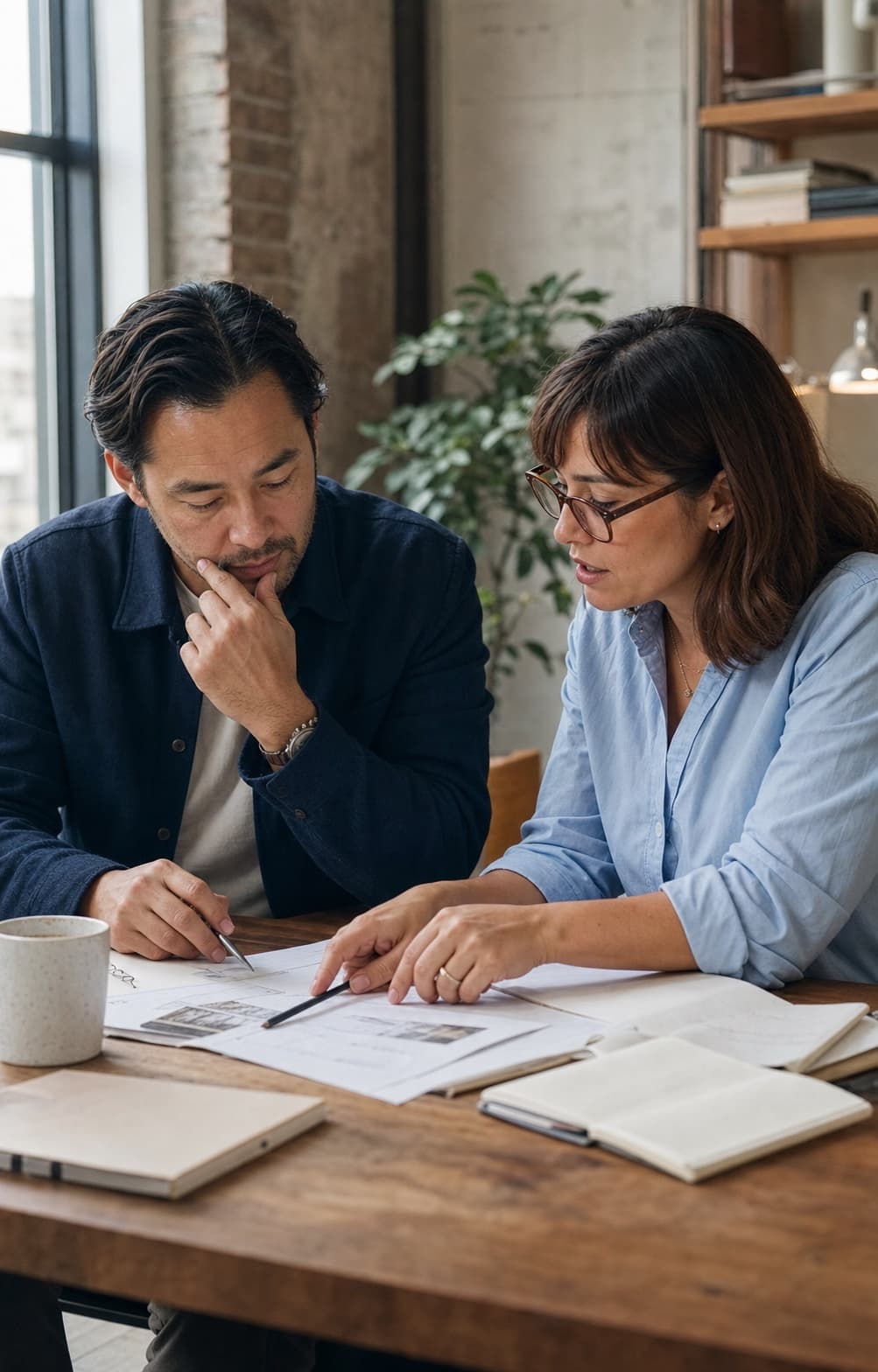 Two professionals prepare a handoff together at a table.